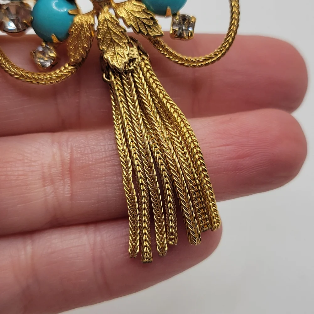 VTG Faux Turquoise & Clear Rhinestones Tassel Brooch | Juliana? Schreiner? - Picture 7 of 10